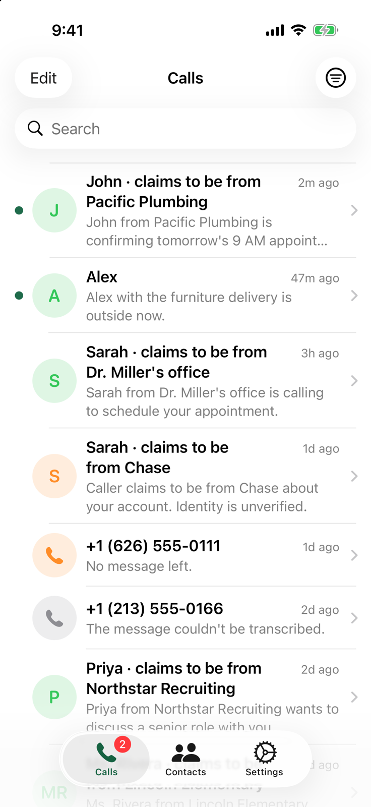 The Calls screen in Callbuddy: a list of screened calls, each with the caller's claimed identity and a one-line summary