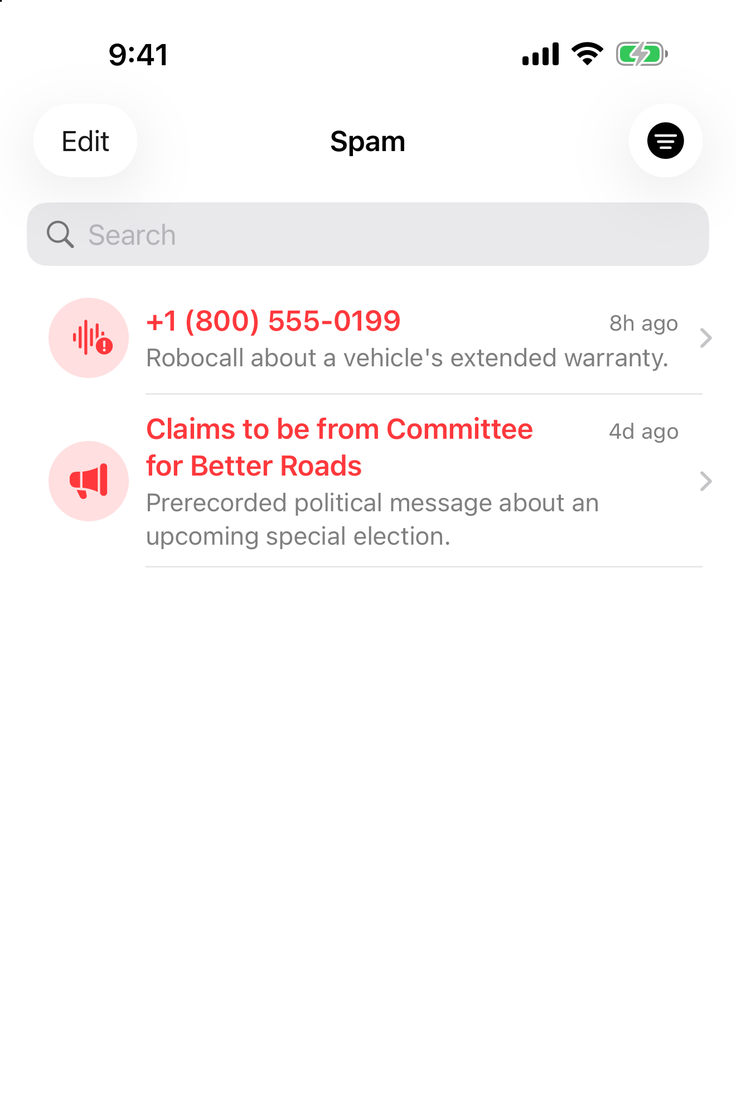 The Spam list in Callbuddy: a robocall about a vehicle warranty and a prerecorded political message, filed without a notification