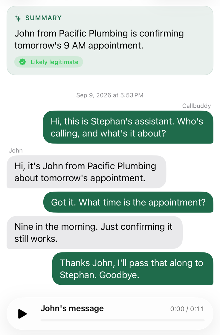 A screened call in Callbuddy: the AI summary with a Likely legitimate badge, then the conversation between the assistant and the caller, and the recording